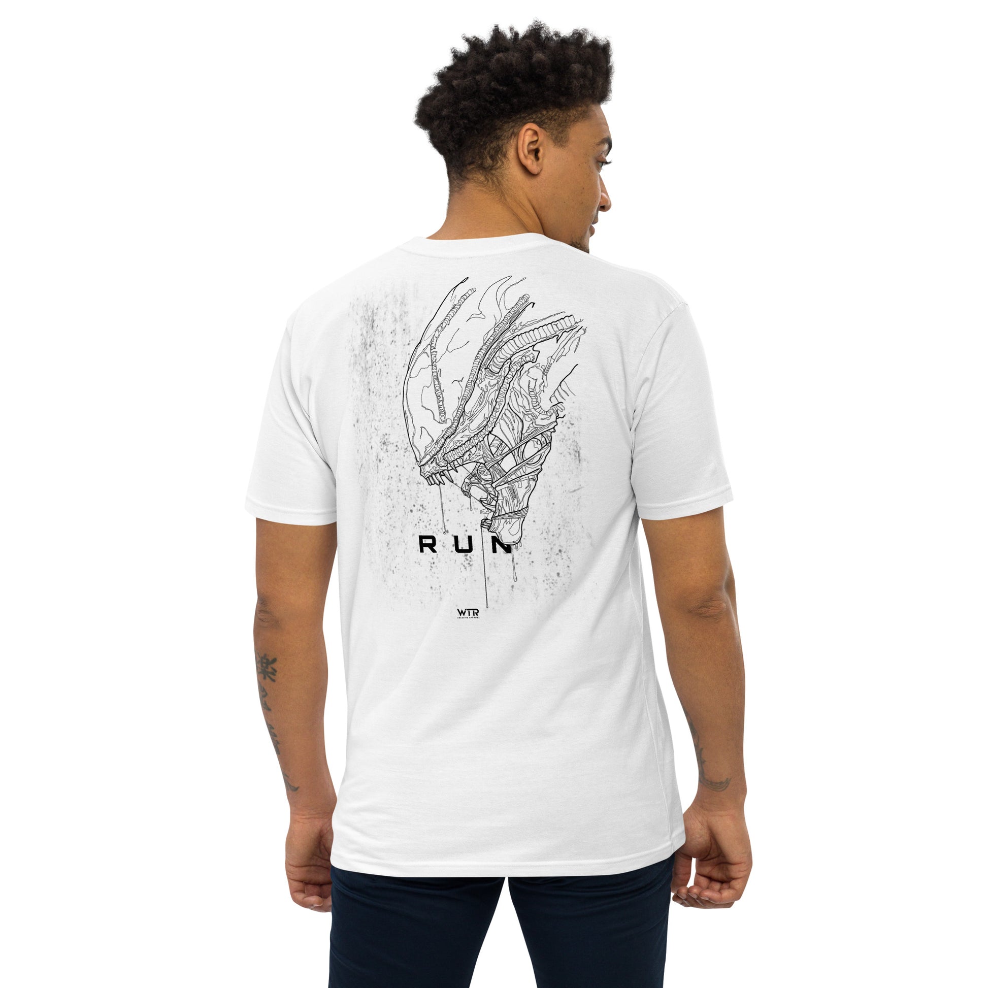 Hand-drawn schematic of the ALIEN XENOMORPH printed on a heavyweight T-shirt.