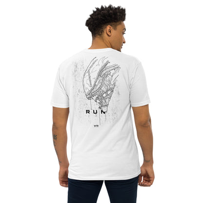 Hand-drawn schematic of the ALIEN XENOMORPH printed on a heavyweight T-shirt.