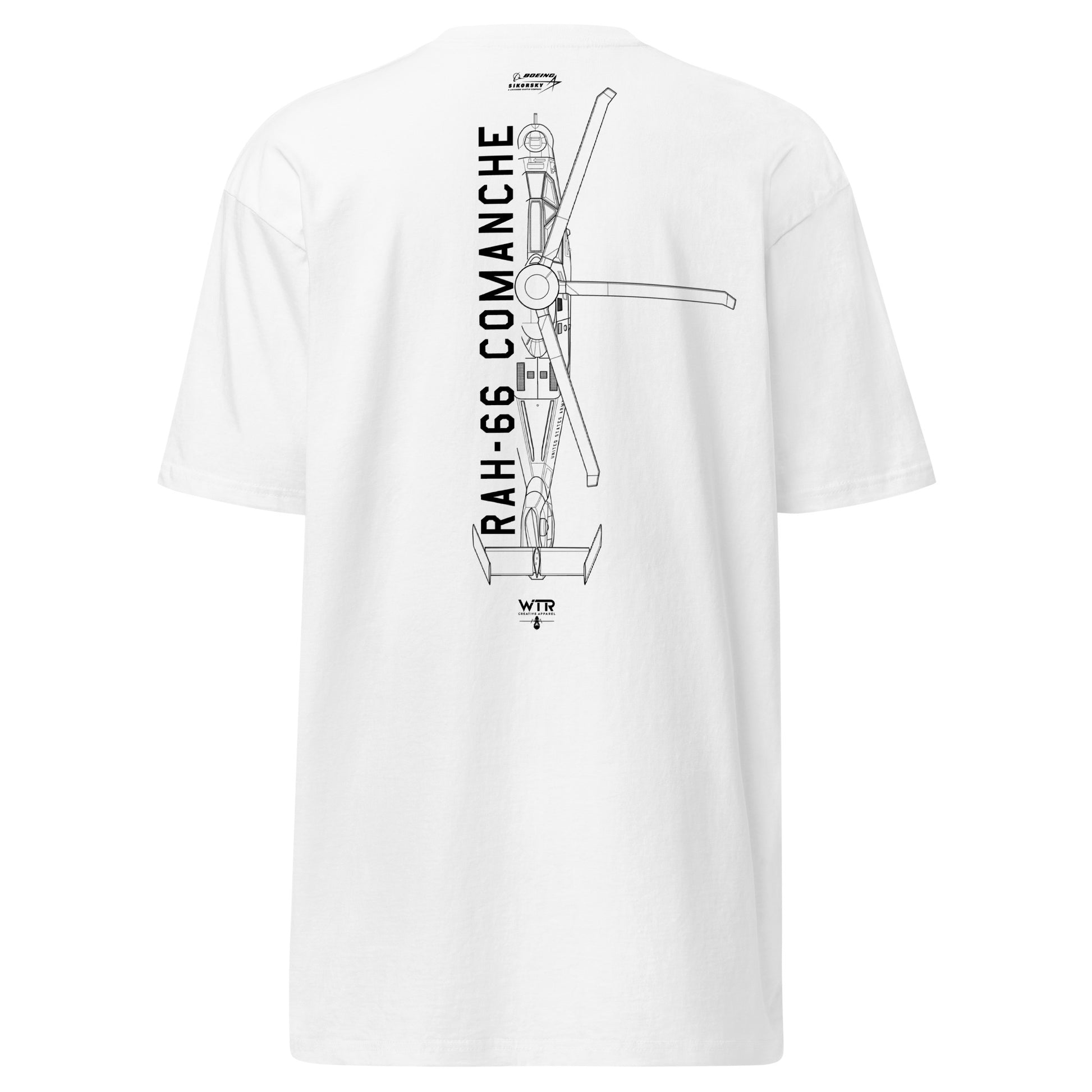 Hand-drawn technical schematic of the Boeing–Sikorsky RAH-66 Comanche stealth reconnaissance helicopter on a premium t-shirt.