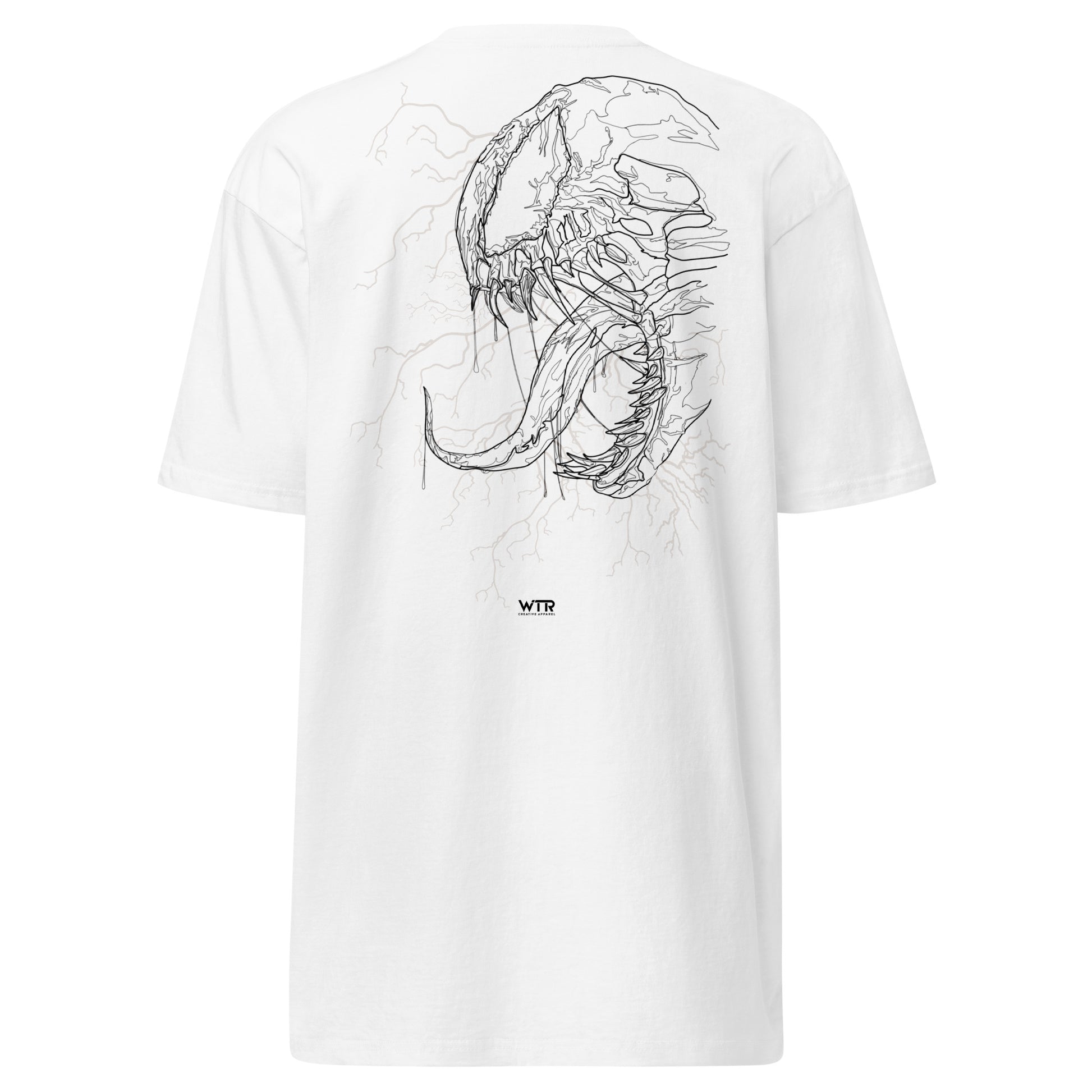 Hand-drawn technical profile of a Venom-inspired monster symbiote anti-hero design printed on a premium t-shirt.
