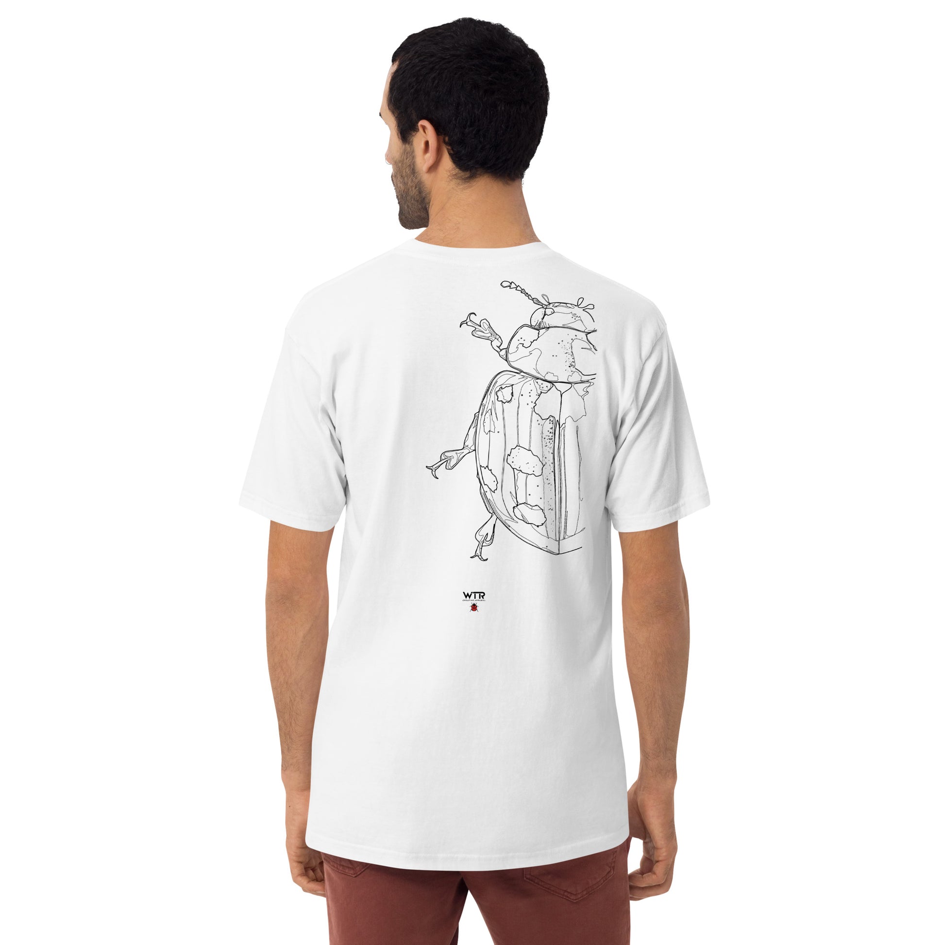 Hand-drawn schematic of the COCCINELLA SEPTEMPUNCTATA LADYBIRD printed on a heavyweight T-shirt.