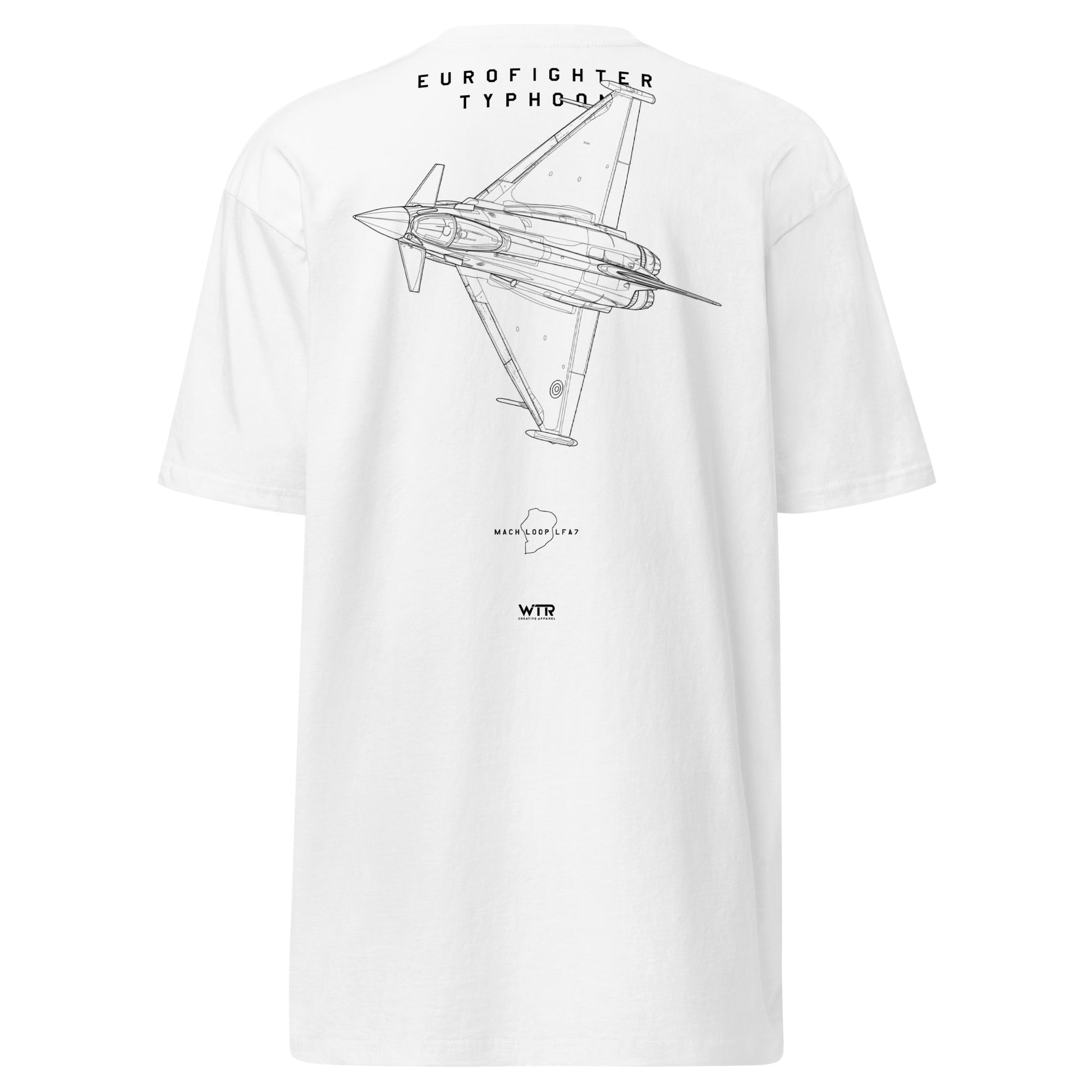 Hand-drawn Mach Loop edition schematic of the Eurofighter Typhoon EF2000 fighter jet on a premium t-shirt.