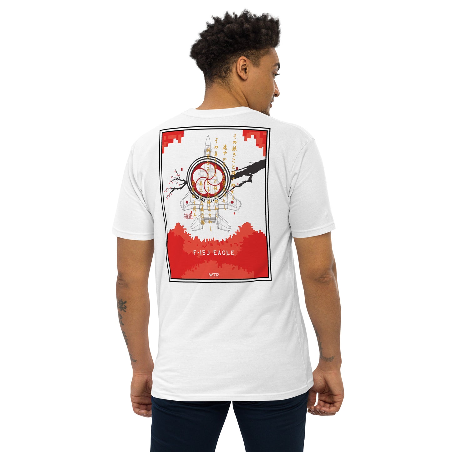 Hand-drawn schematic of the MITSUBISHI F-15J 305TH TACTICAL FIGHTER SQUADRON 40 YEARS printed on a heavyweight T-shirt.