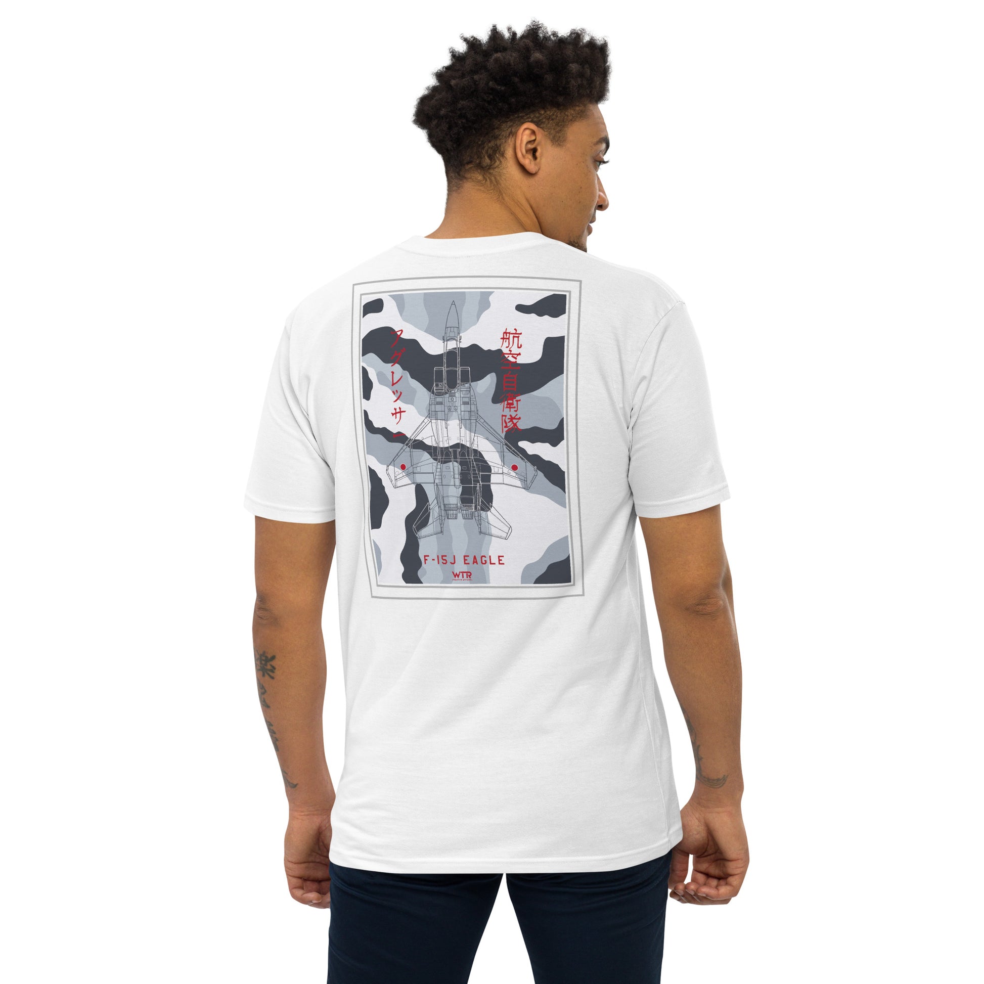 Hand-drawn schematic of the MITSUBISHI F-15J EAGLE Aggressor Livery printed on a heavyweight T-shirt.