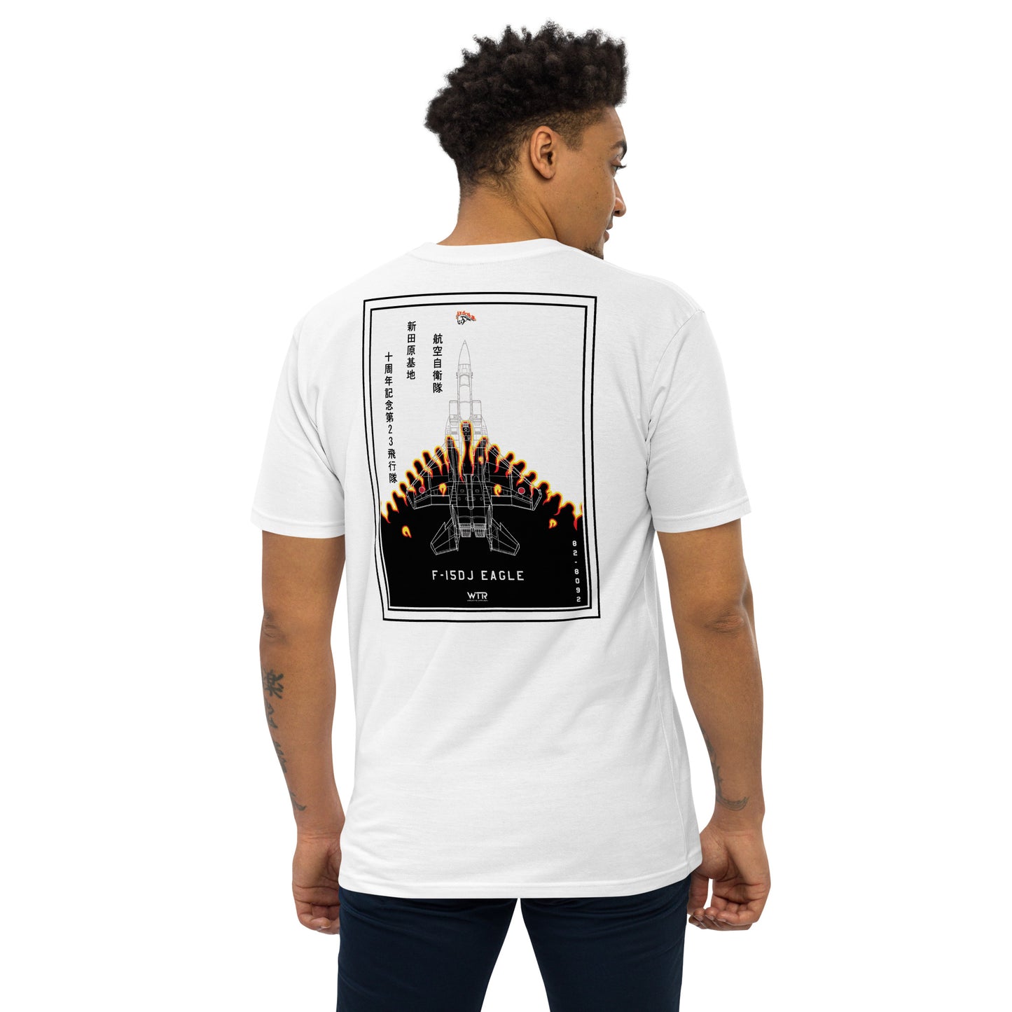 Hand-drawn schematic of the MITSUBISHI F-15DJ 23RD FIGHTER SQUADRON printed on a heavyweight T-shirt.