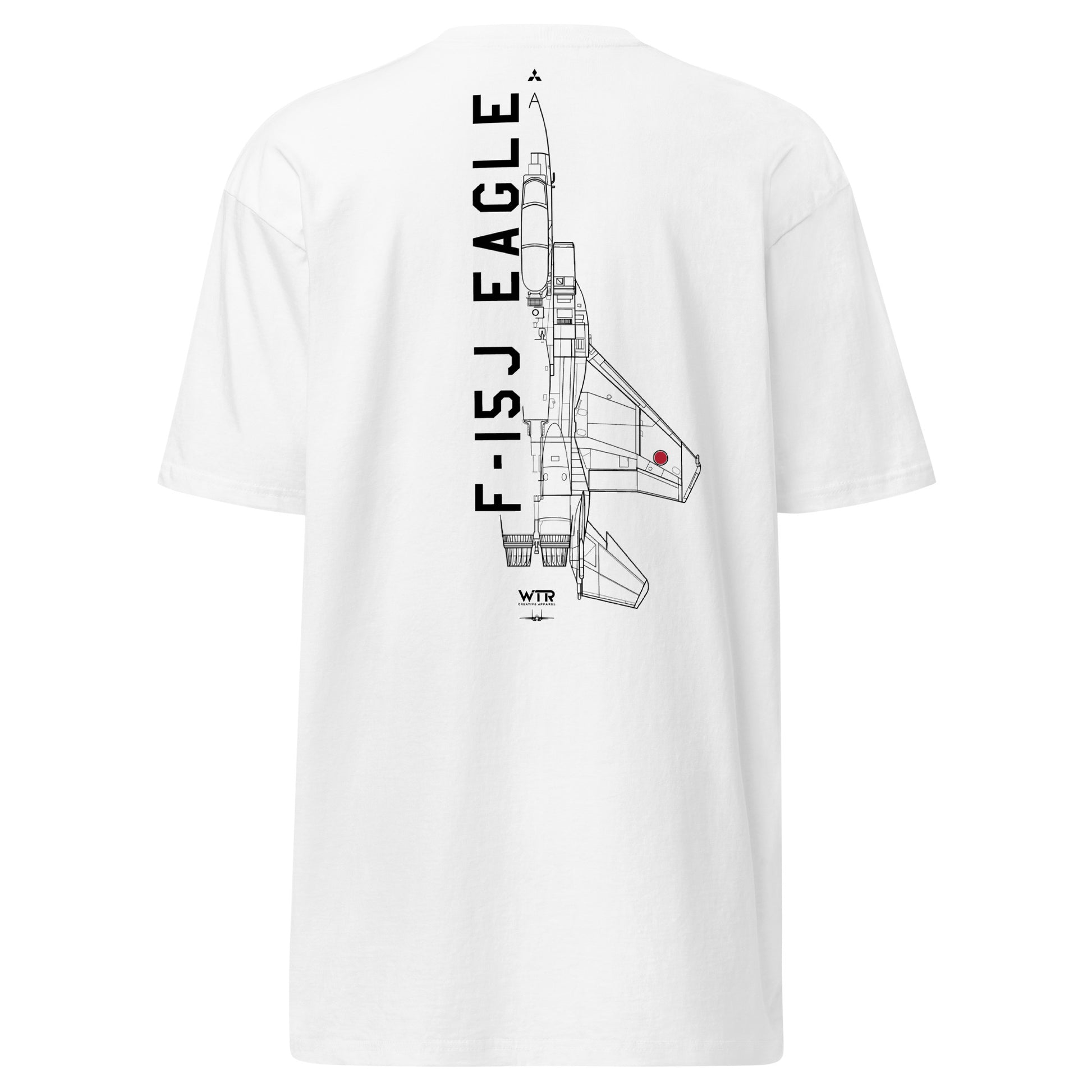 Hand-drawn technical schematic edition of the Mitsubishi F-15J Eagle JSDAF fighter jet printed on a premium-weight t-shirt.