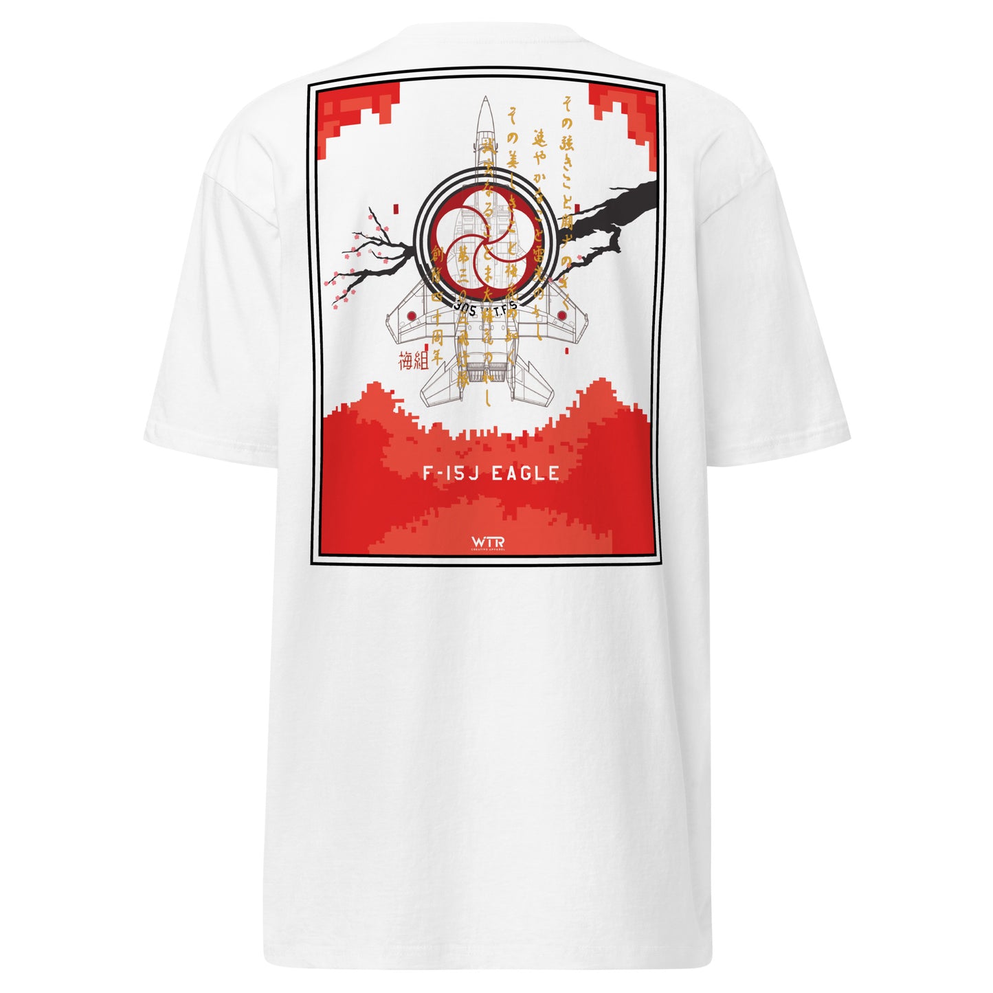 Hand-drawn schematic of the Mitsubishi F-15J Eagle 305th Tactical Fighter Squadron 40 Years livery on a premium heavyweight t-shirt.