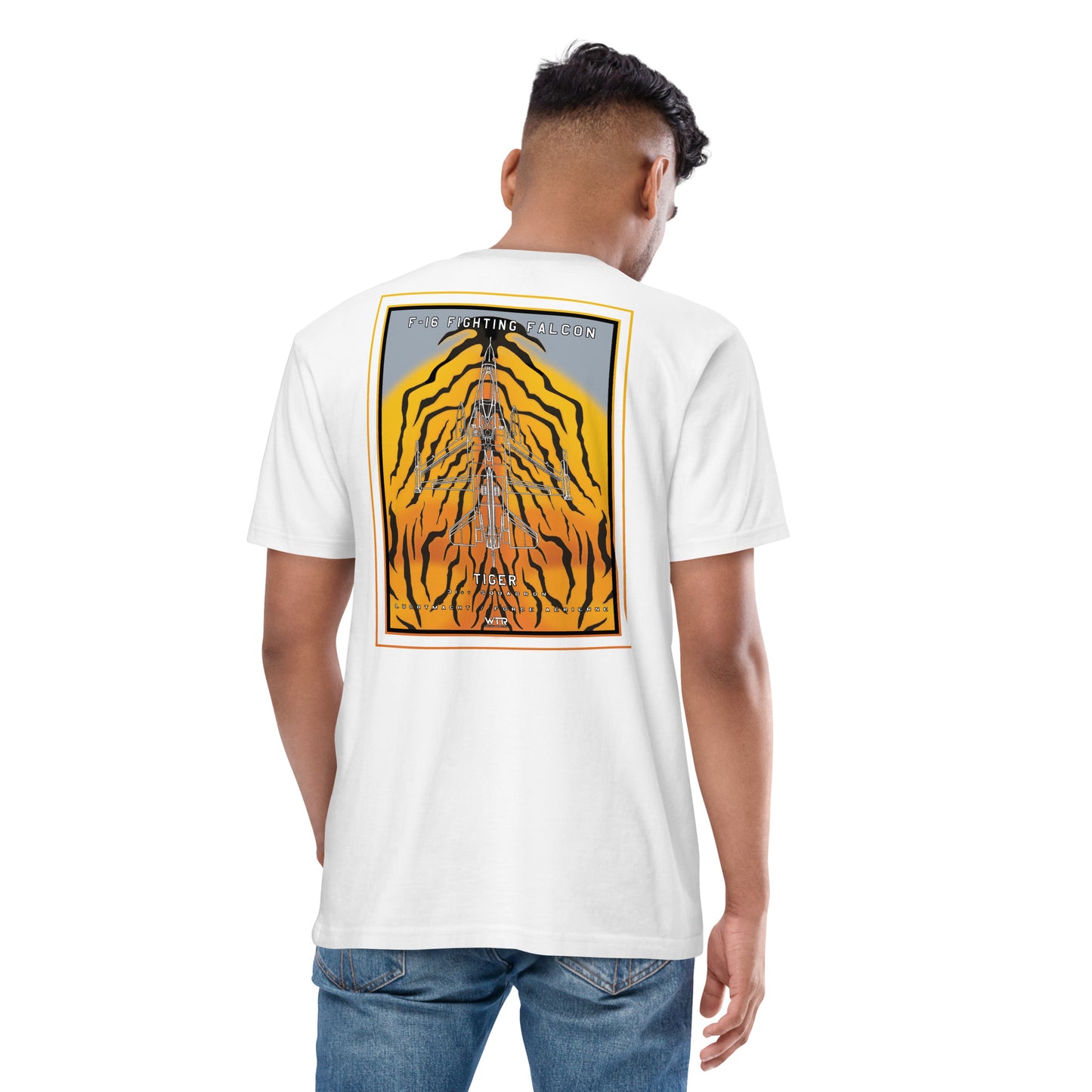 Hand-drawn schematic of the F-16 Belgian Air Force 31st Tiger Squadron 65th Anniversary livery on a premium t-shirt.