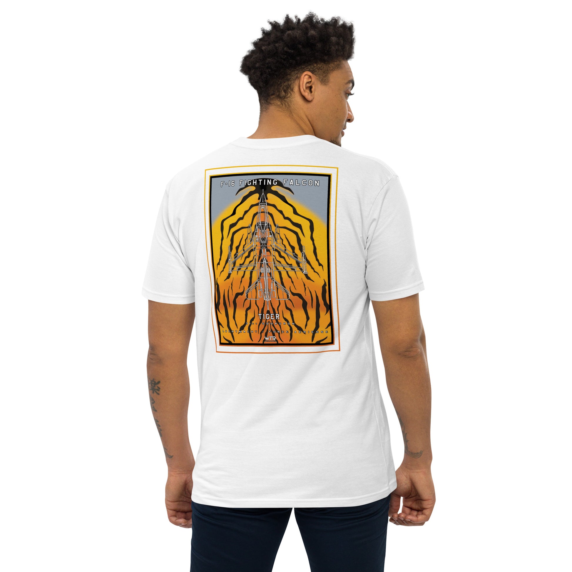 Hand-drawn schematic of the F-16 Belgian Air Force 31st Tiger Squadron 65th Anniversary livery on a premium t-shirt.