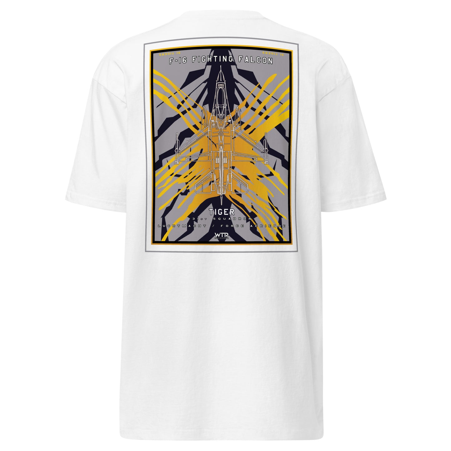 Hand-drawn schematic of the F-16 Fighting Falcon Belgian Air Force 31st X-Tiger camouflage on a premium t-shirt.