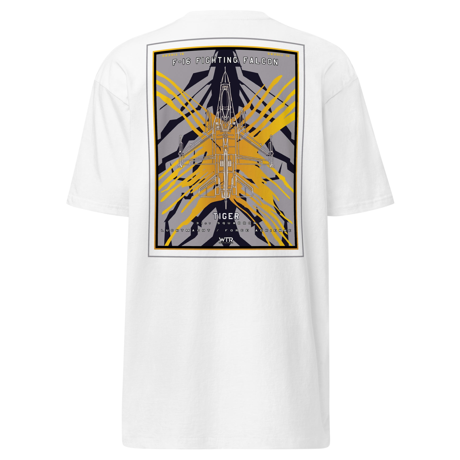 Hand-drawn schematic of the F-16 Fighting Falcon Belgian Air Force 31st X-Tiger camouflage on a premium t-shirt.