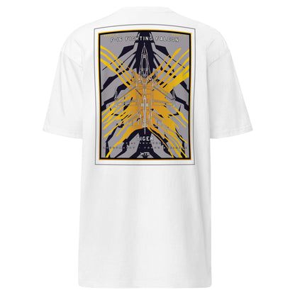 Hand-drawn schematic of the F-16 Fighting Falcon Belgian Air Force 31st X-Tiger camouflage on a premium t-shirt.