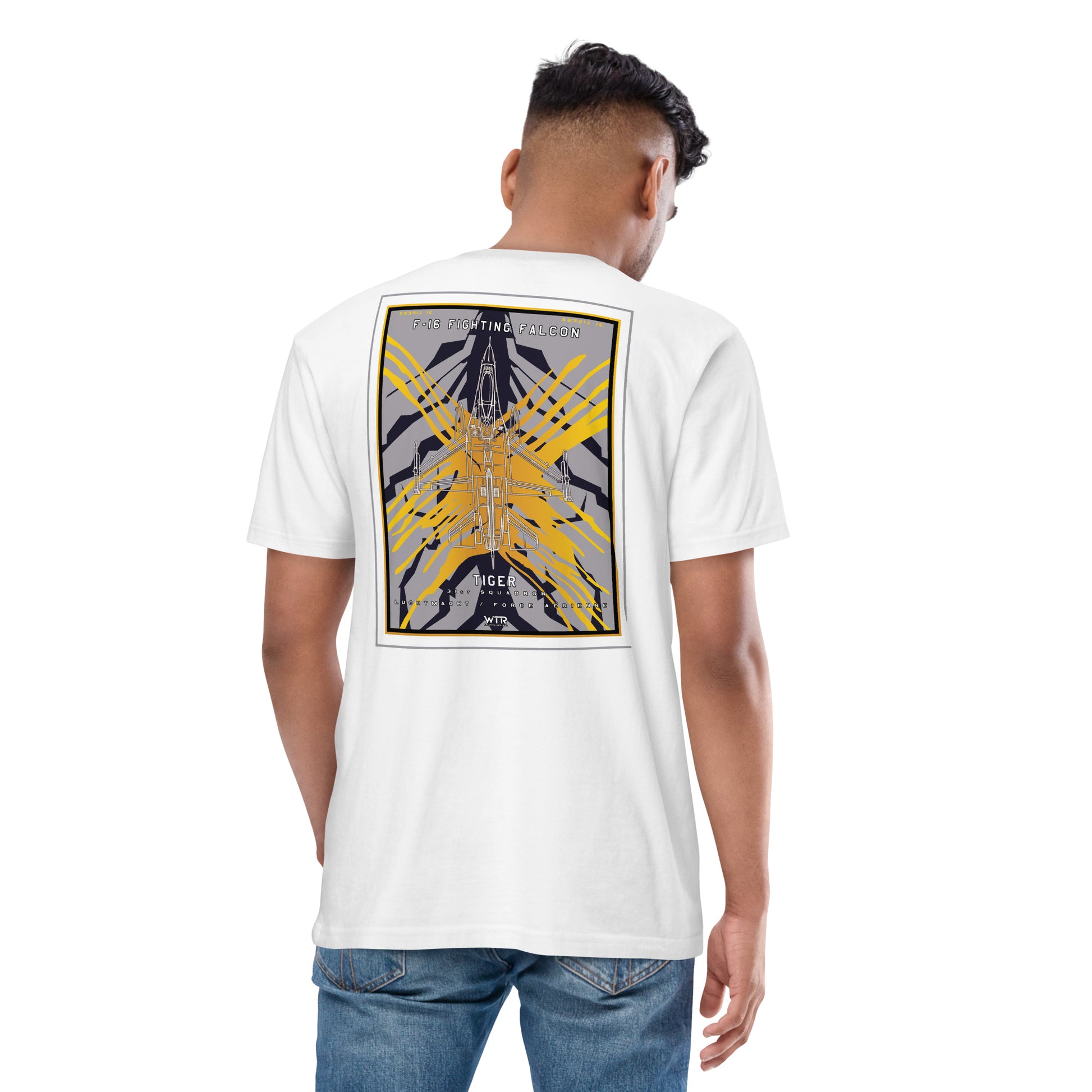 Hand-drawn schematic of the F-16 Fighting Falcon Belgian Air Force 31st X-Tiger camouflage on a premium t-shirt.