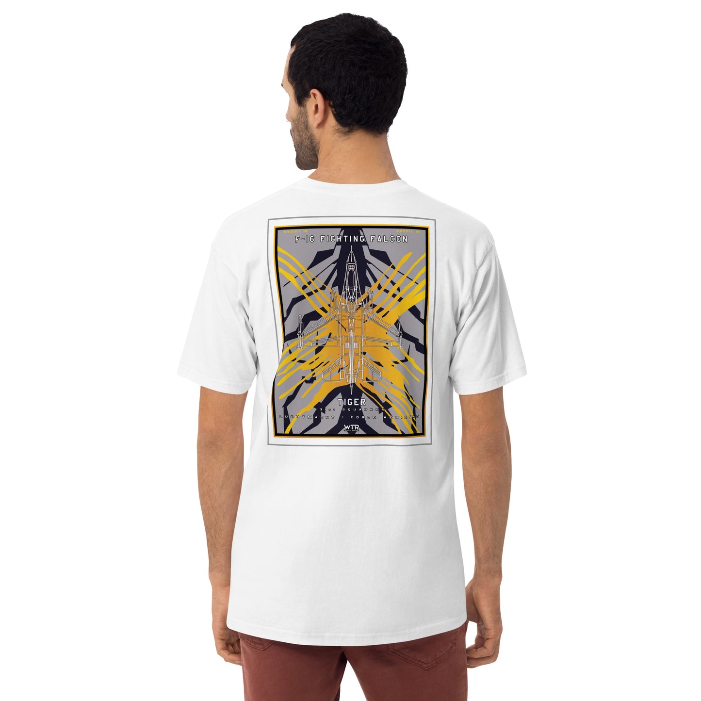 Hand-drawn schematic of the F-16 Fighting Falcon Belgian Air Force 31st X-Tiger camouflage on a premium t-shirt.