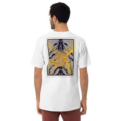 Hand-drawn schematic of the F-16 Fighting Falcon Belgian Air Force 31st X-Tiger camouflage on a premium t-shirt.