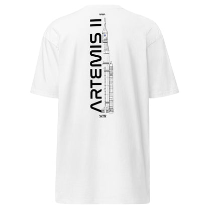 Hand-drawn crewed lunar mission schematic of the NASA Artemis II printed on a premium t-shirt.