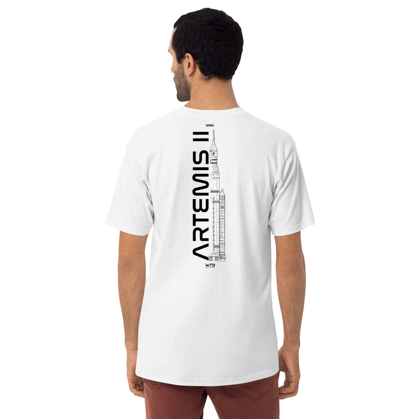 Hand-drawn crewed lunar mission schematic of the NASA Artemis II printed on a premium t-shirt.