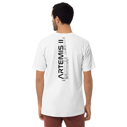 Hand-drawn crewed lunar mission schematic of the NASA Artemis II printed on a premium t-shirt.