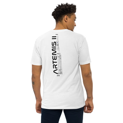 Hand-drawn crewed lunar mission schematic of the NASA Artemis II printed on a premium t-shirt.