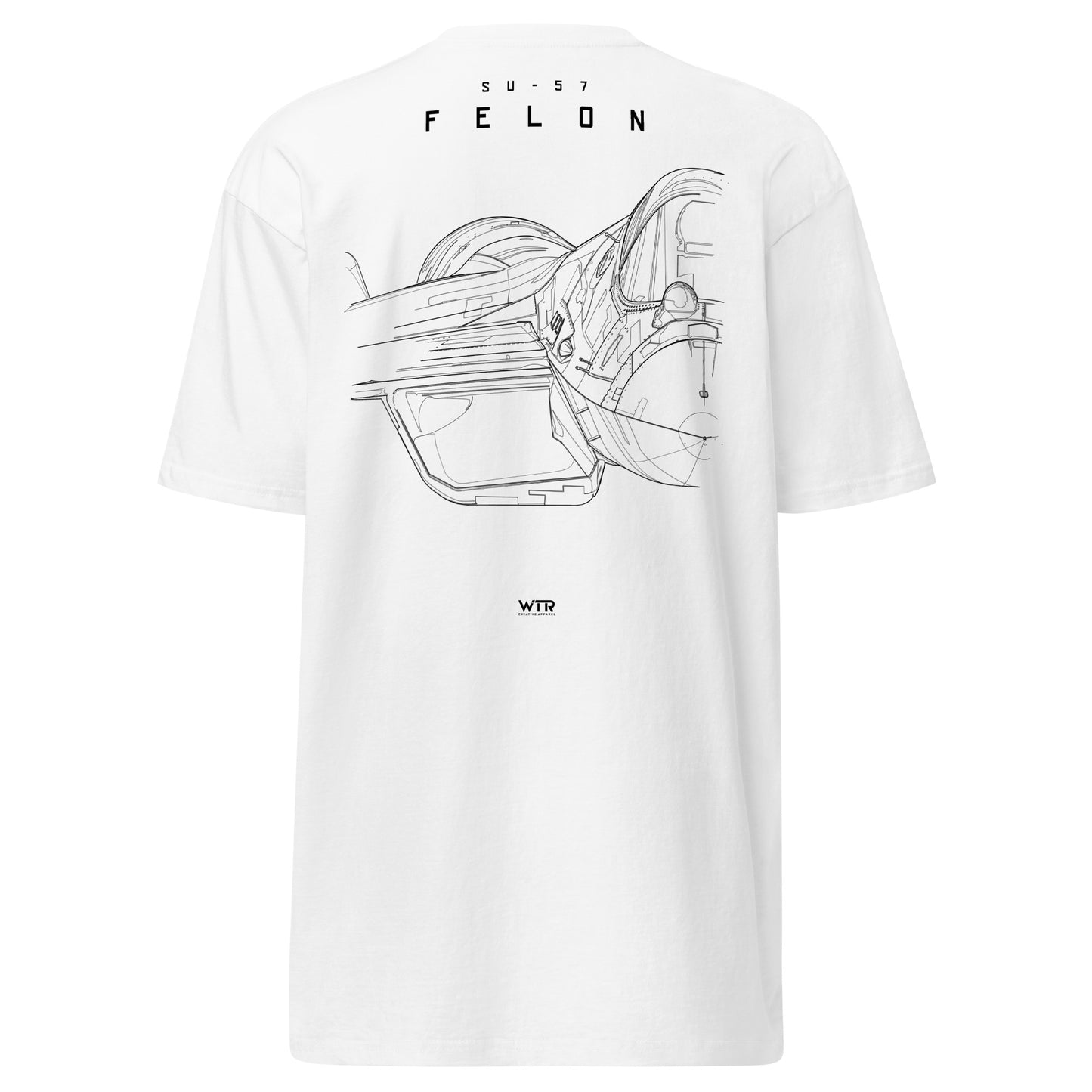 Hand-drawn front nose canopy study of the Sukhoi Su-57 Felon printed on a premium t-shirt.