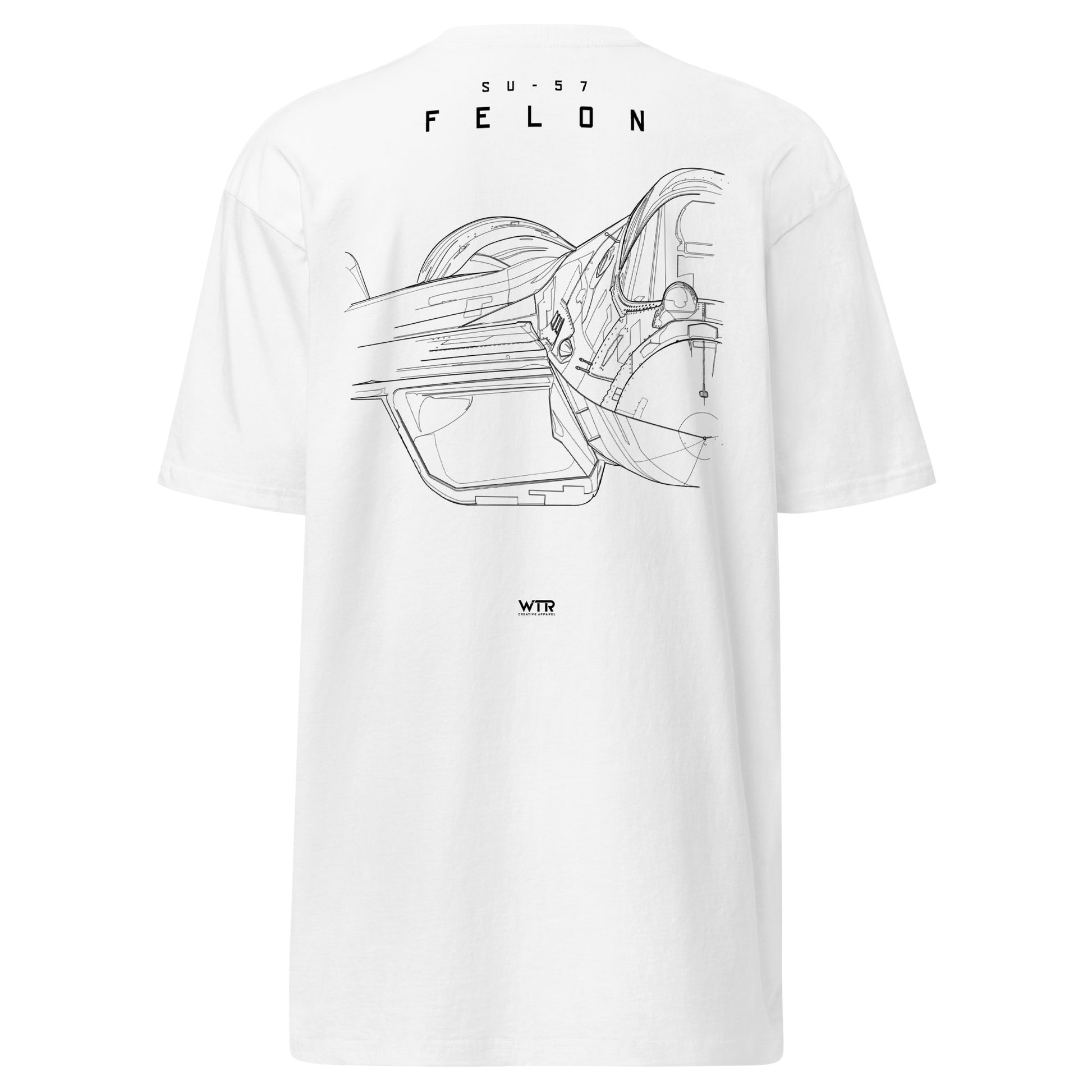Hand-drawn front nose canopy study of the Sukhoi Su-57 Felon printed on a premium t-shirt.