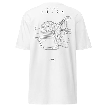 Hand-drawn front nose canopy study of the Sukhoi Su-57 Felon printed on a premium t-shirt.