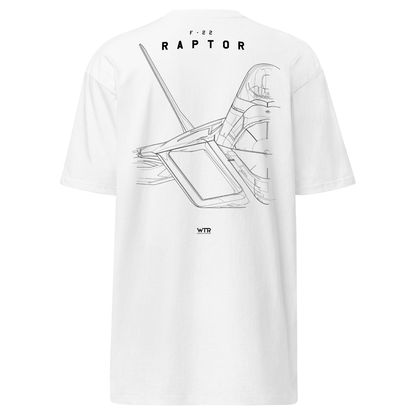 Hand-drawn technical study of the Lockheed Martin F-22 Raptor front canopy and nose section on a premium t-shirt.