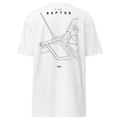 Hand-drawn technical study of the Lockheed Martin F-22 Raptor front canopy and nose section on a premium t-shirt.