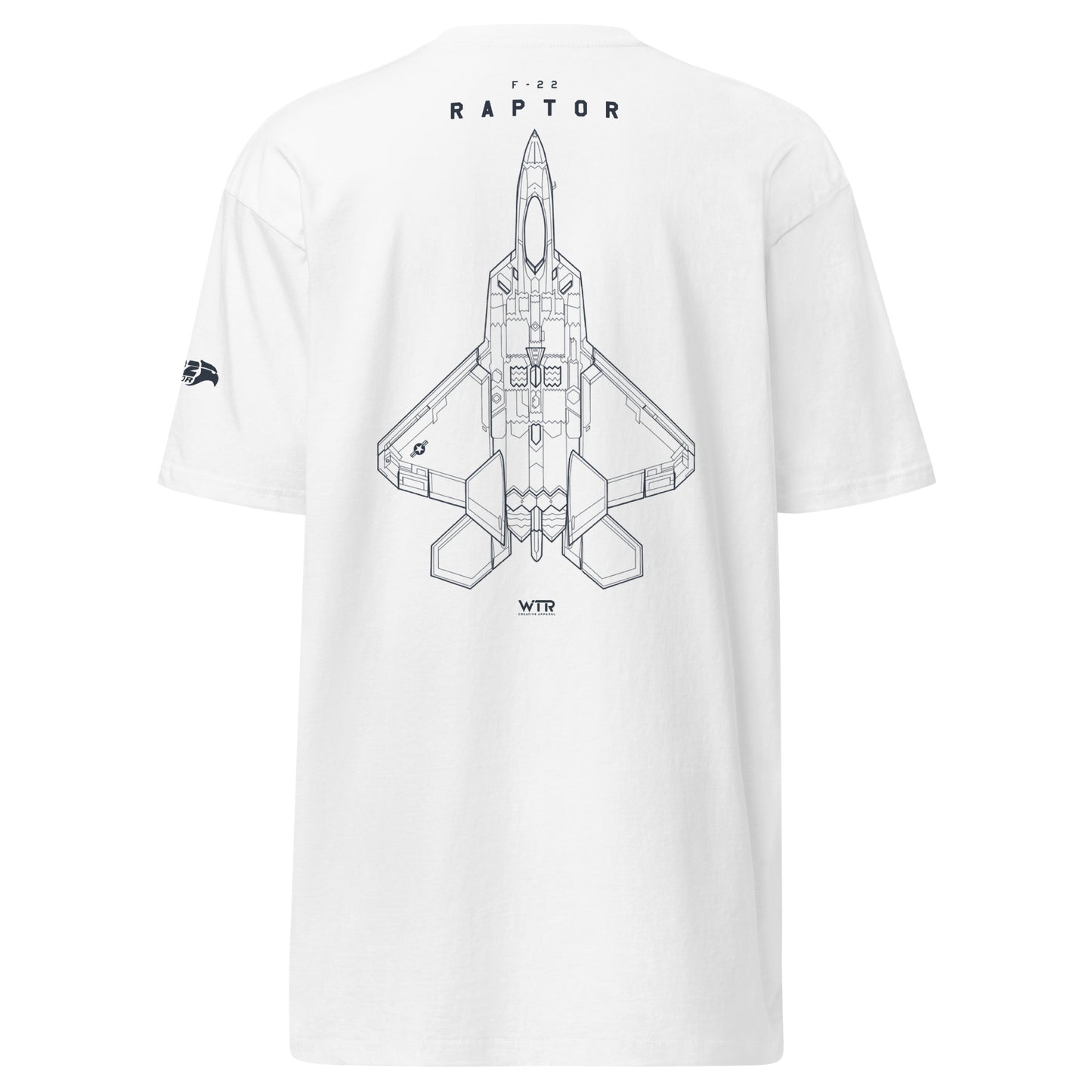 Hand-drawn full schematic of the Lockheed Martin F-22 Raptor printed on a premium t-shirt.