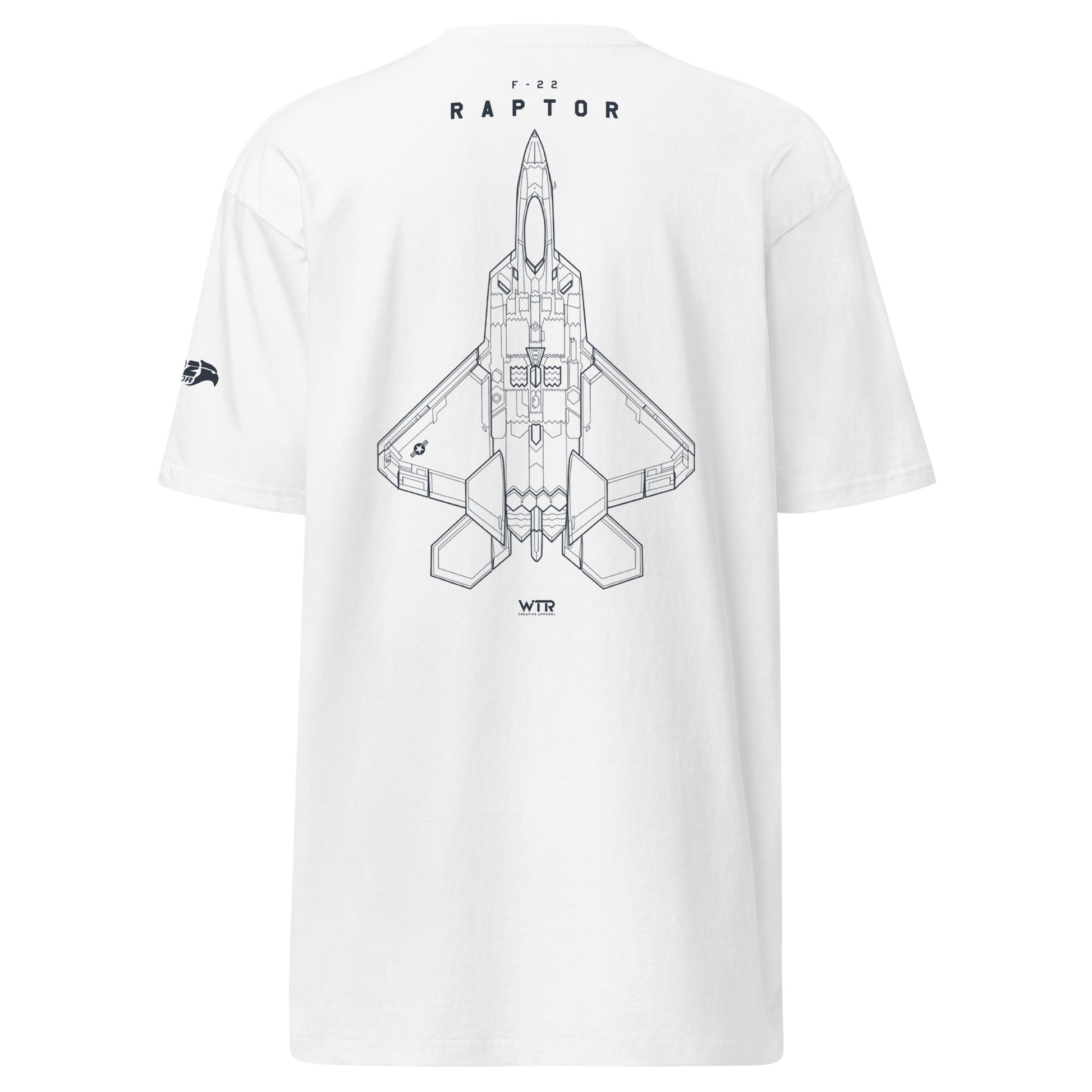 Hand-drawn full schematic of the Lockheed Martin F-22 Raptor printed on a premium t-shirt.