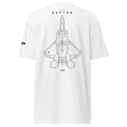 Hand-drawn full schematic of the Lockheed Martin F-22 Raptor printed on a premium t-shirt.