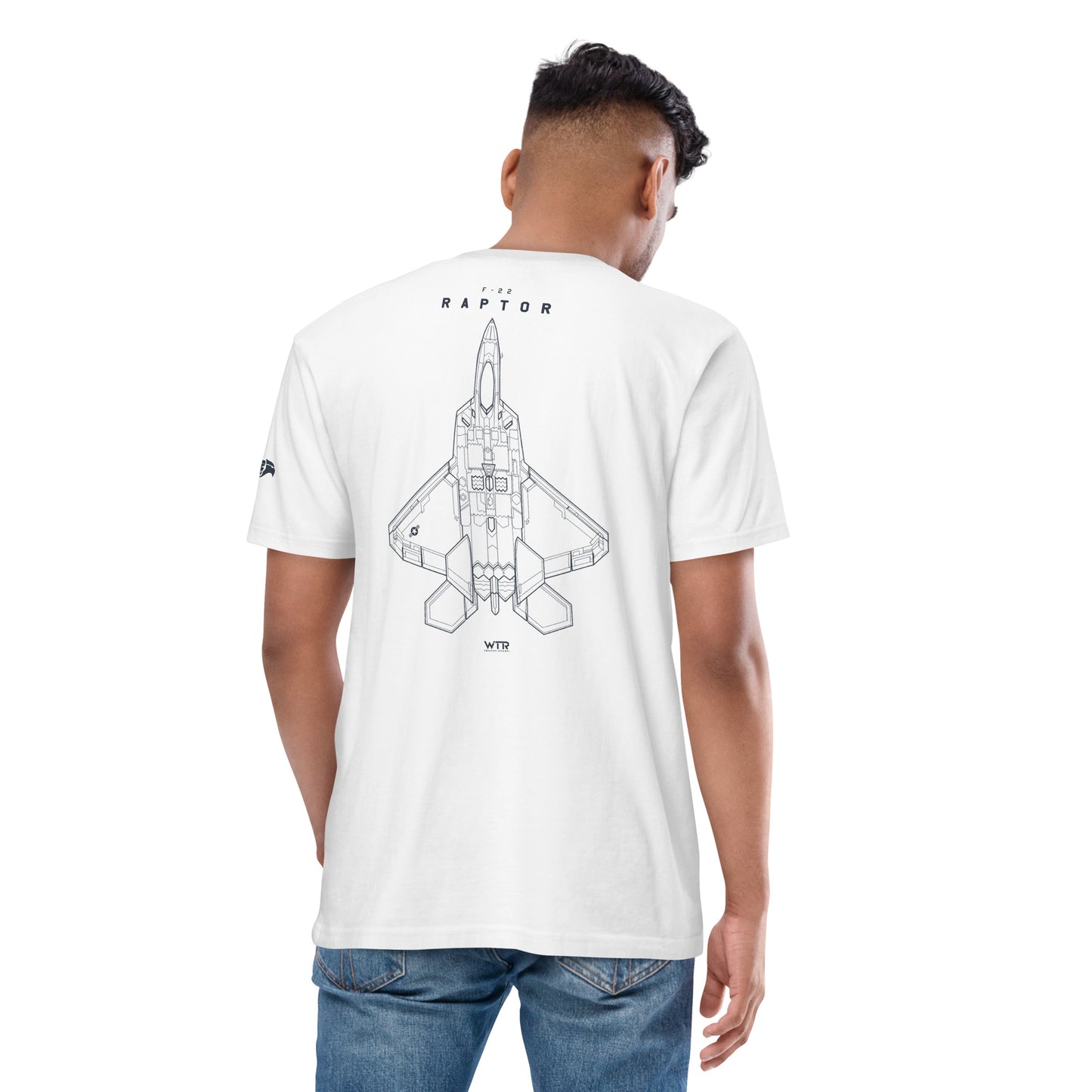 Hand-drawn full schematic of the Lockheed Martin F-22 Raptor printed on a premium t-shirt.