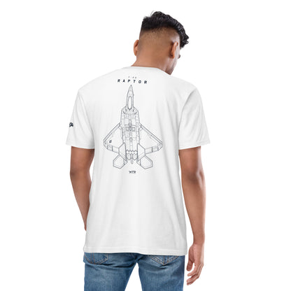Hand-drawn full schematic of the Lockheed Martin F-22 Raptor printed on a premium t-shirt.