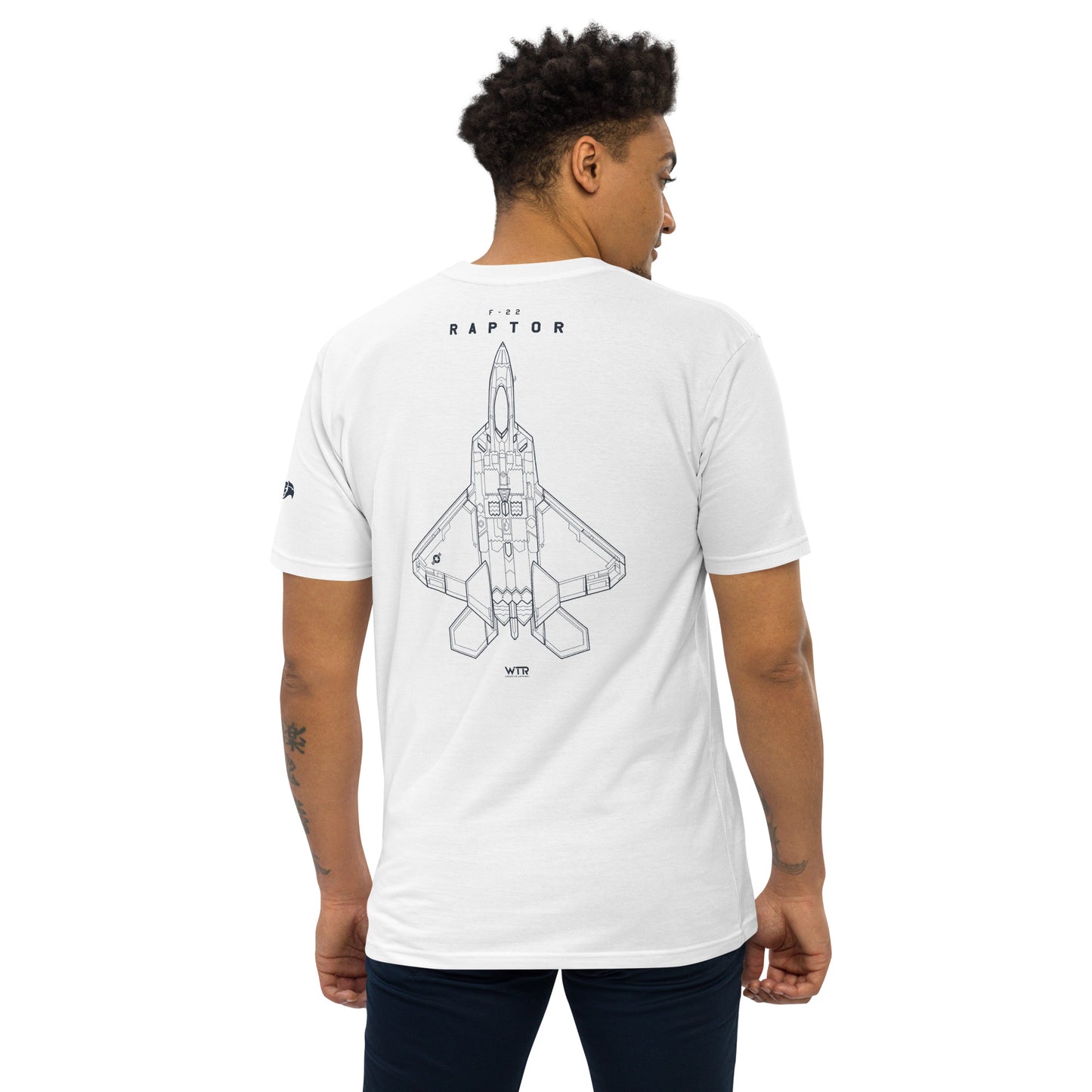 Hand-drawn full schematic of the Lockheed Martin F-22 Raptor printed on a premium t-shirt.