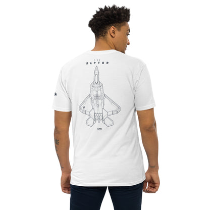 Hand-drawn full schematic of the Lockheed Martin F-22 Raptor printed on a premium t-shirt.