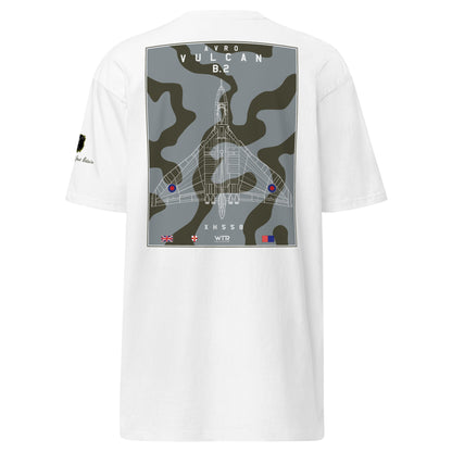 Hand-drawn technical camouflage study of the Avro Vulcan B.2 XH558 strategic bomber printed on a premium t-shirt.
