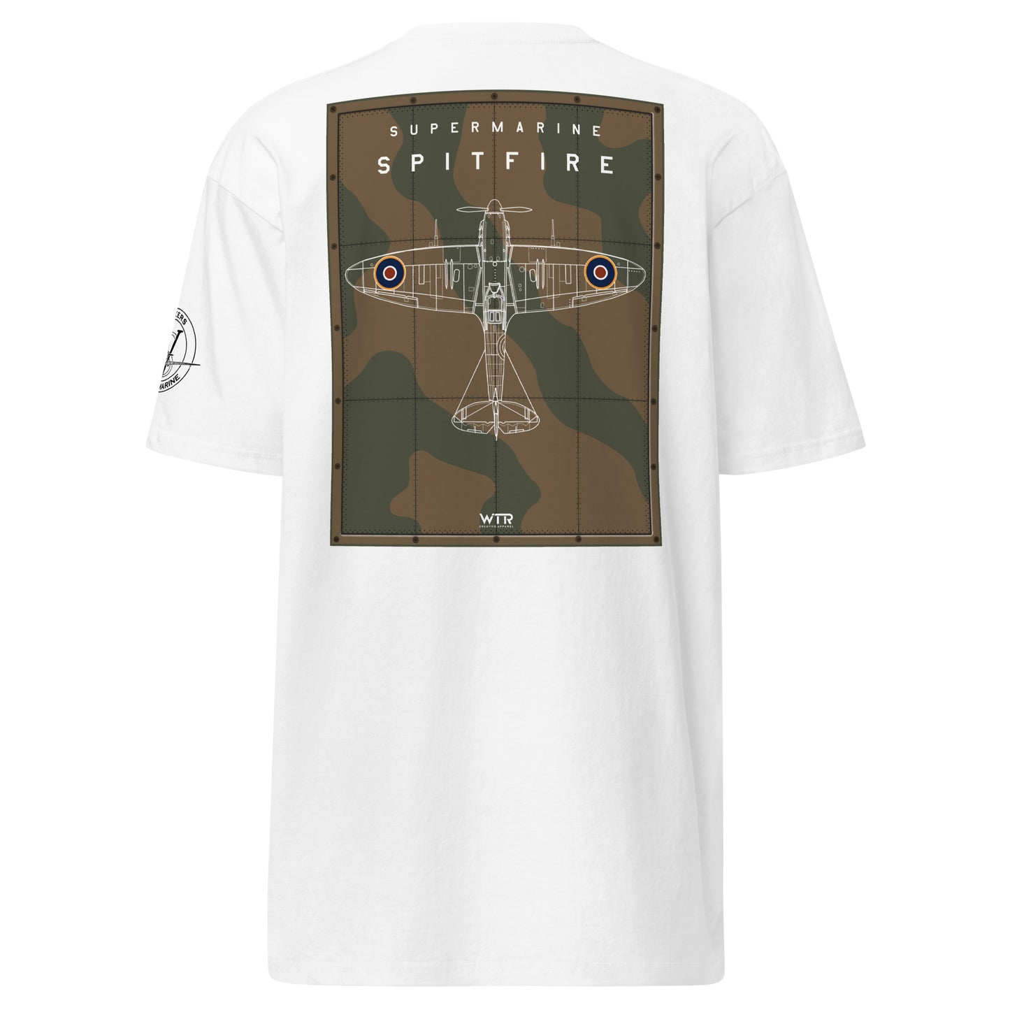 Hand-drawn technical camouflage study of the Supermarine Spitfire MK I WWII fighter on a premium t-shirt.