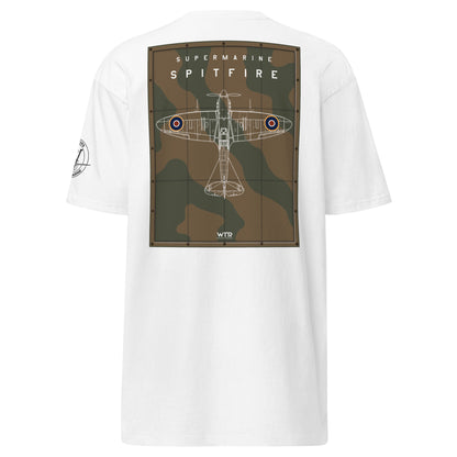 Hand-drawn technical camouflage study of the Supermarine Spitfire MK I WWII fighter on a premium t-shirt.