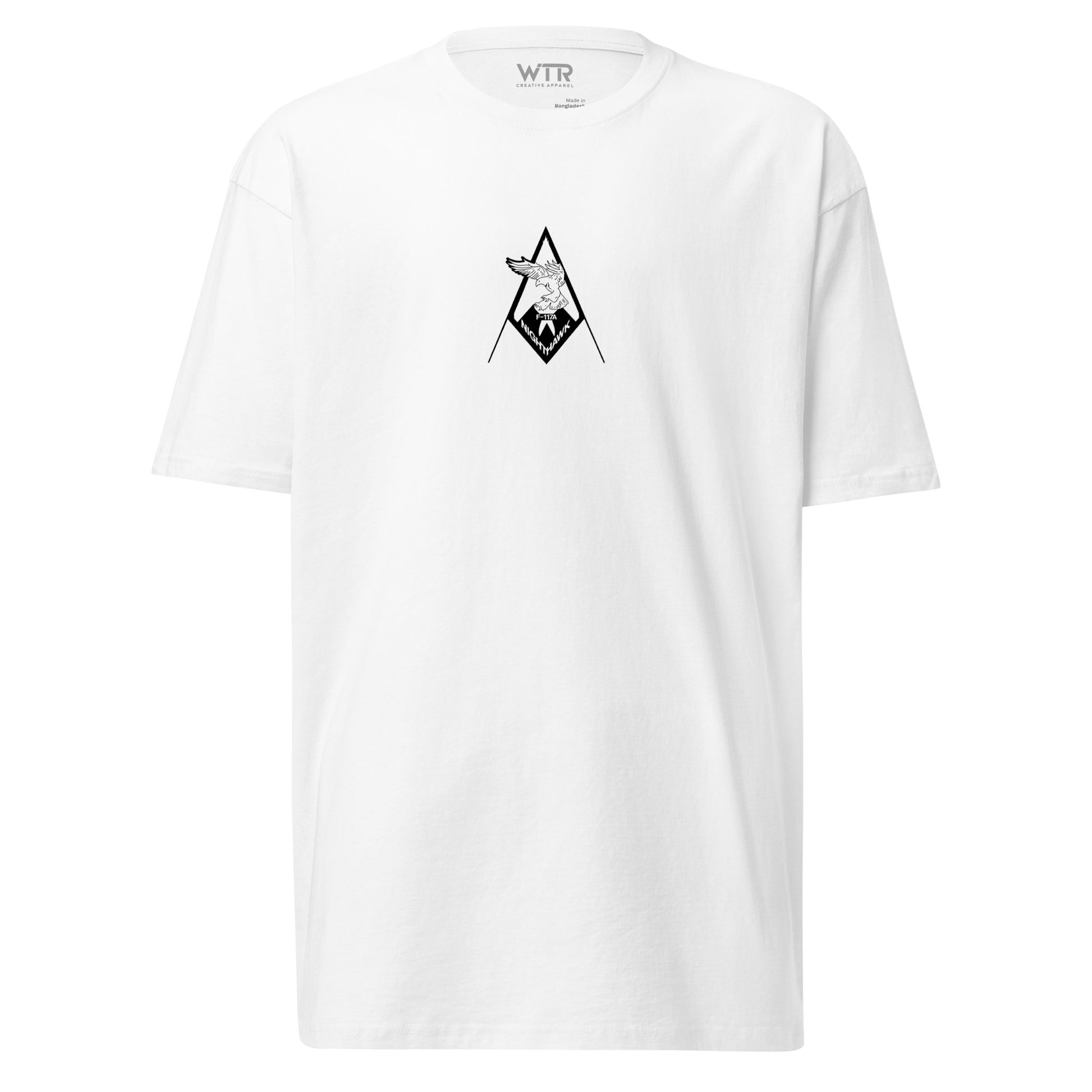 LOCKHEED MARTIN SKUNK WORKS F-117 NIGHTHAWK — hand-drawn ATTACK AIRCRAFT artwork printed on heavyweight T-shirt.