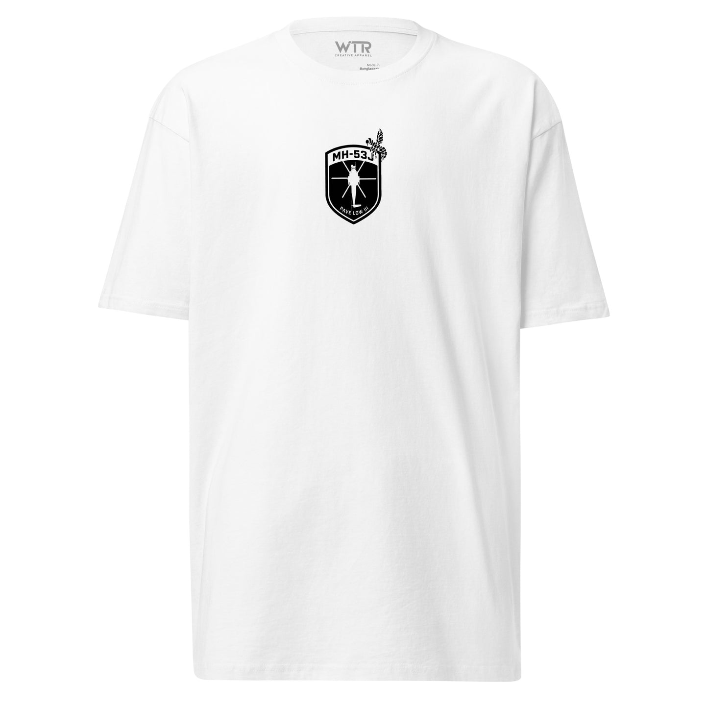 Hand-drawn schematic of the SIKORSKY MH-53J PAVE LOW printed on a heavyweight T-shirt.