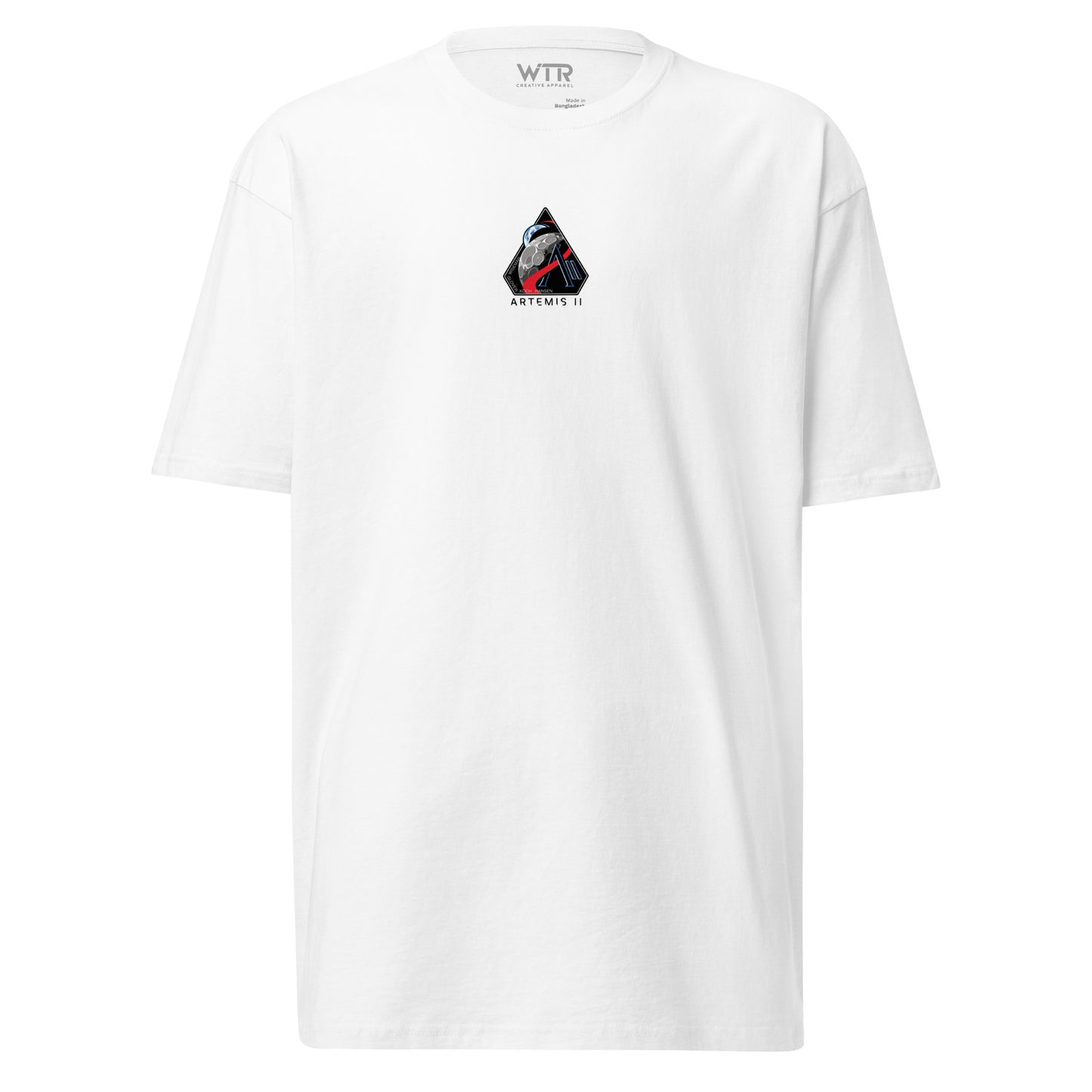 Hand-drawn crewed lunar mission schematic of the NASA Artemis II printed on a premium t-shirt.