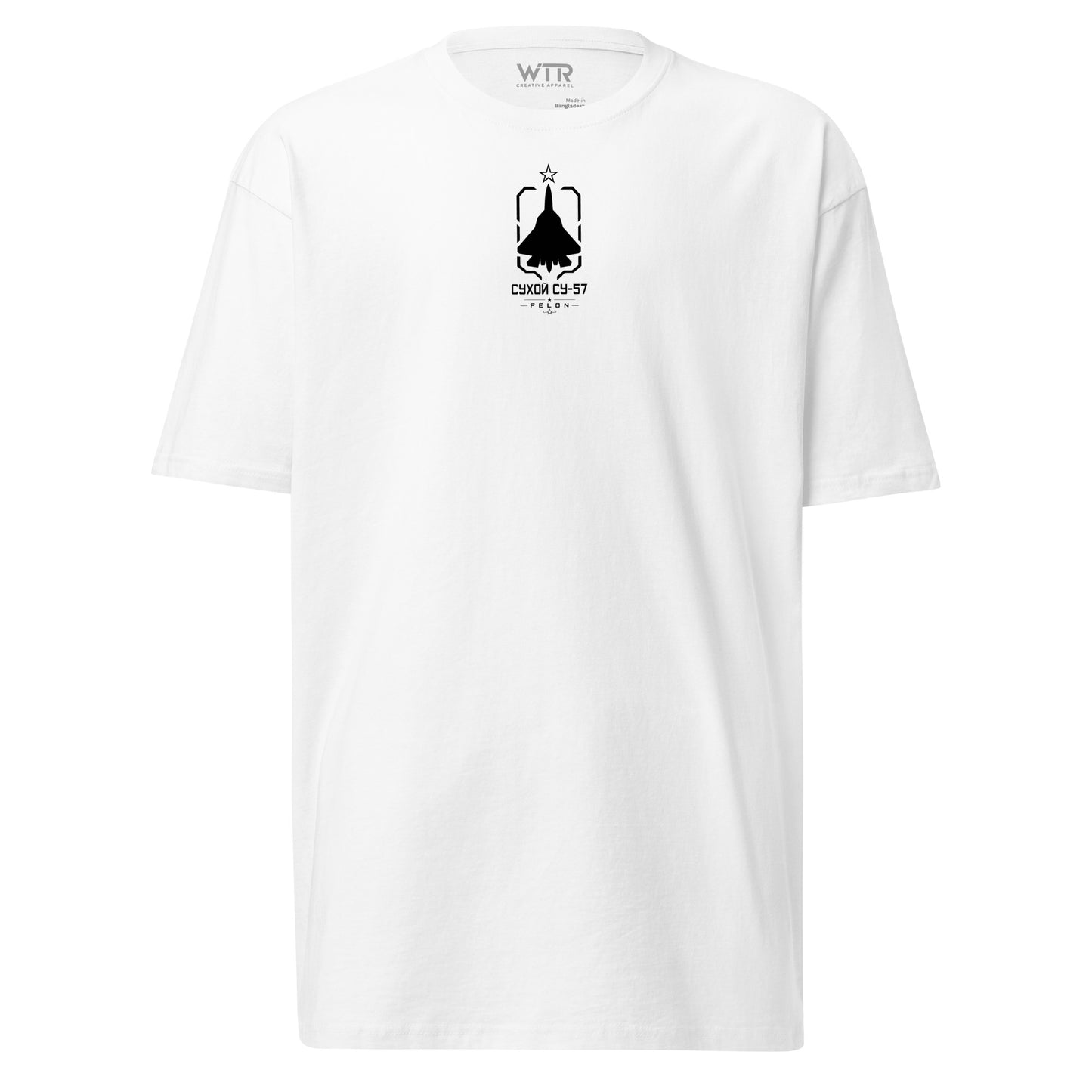 Hand-drawn front nose canopy study of the Sukhoi Su-57 Felon printed on a premium t-shirt.