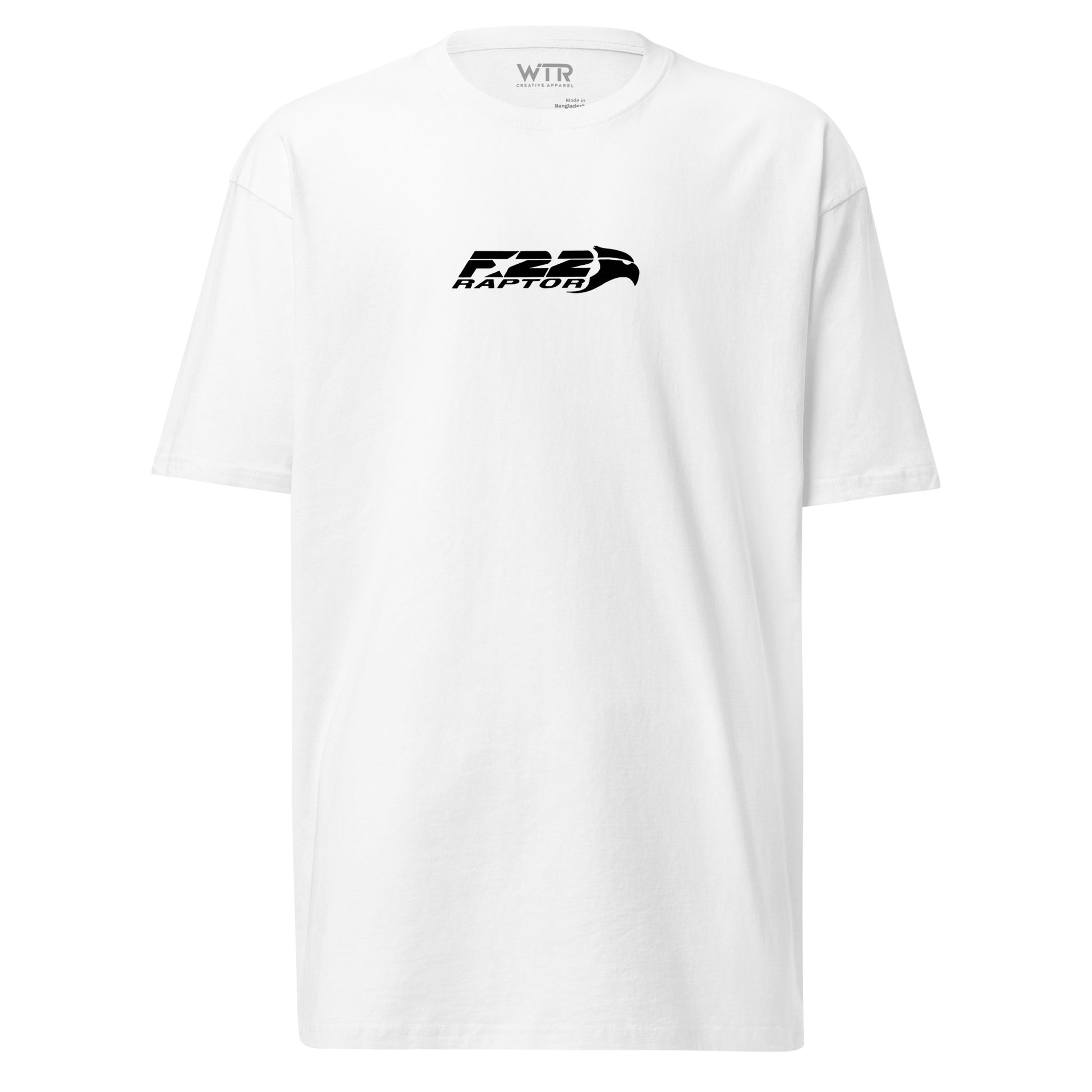 Hand-drawn technical study of the Lockheed Martin F-22 Raptor front canopy and nose section on a premium t-shirt.