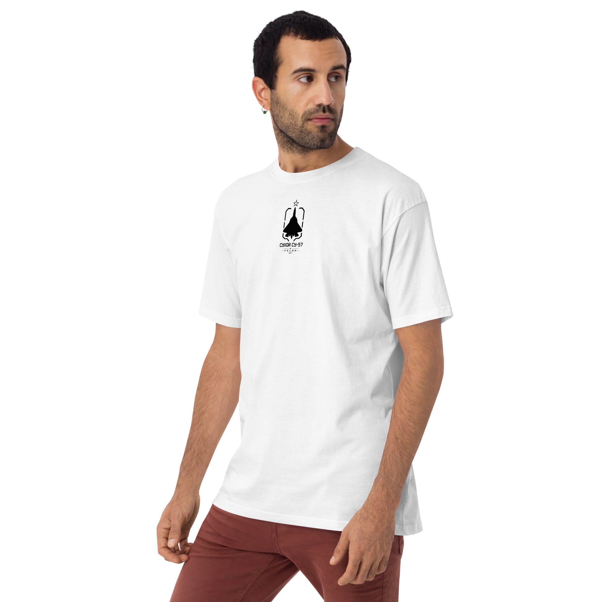 Hand-drawn front nose canopy study of the Sukhoi Su-57 Felon printed on a premium t-shirt.