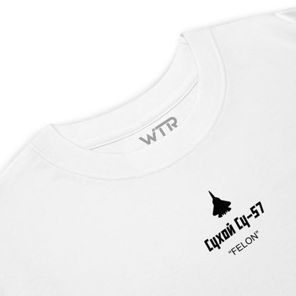 Sukhoi Su-57 T-50 Felon Camouflage Study– Hand-drawn Heavyweight White T-shirt.