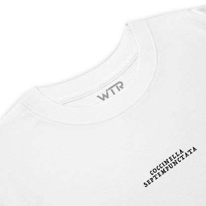 Hand-drawn schematic of the COCCINELLA SEPTEMPUNCTATA LADYBIRD printed on a heavyweight T-shirt.