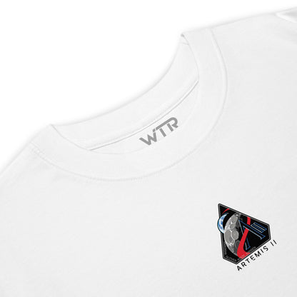 Hand-drawn crewed lunar mission schematic of the NASA Artemis II printed on a premium t-shirt.