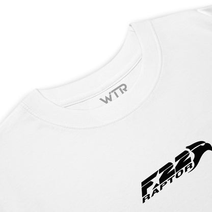 Hand-drawn technical study of the Lockheed Martin F-22 Raptor front canopy and nose section on a premium t-shirt.