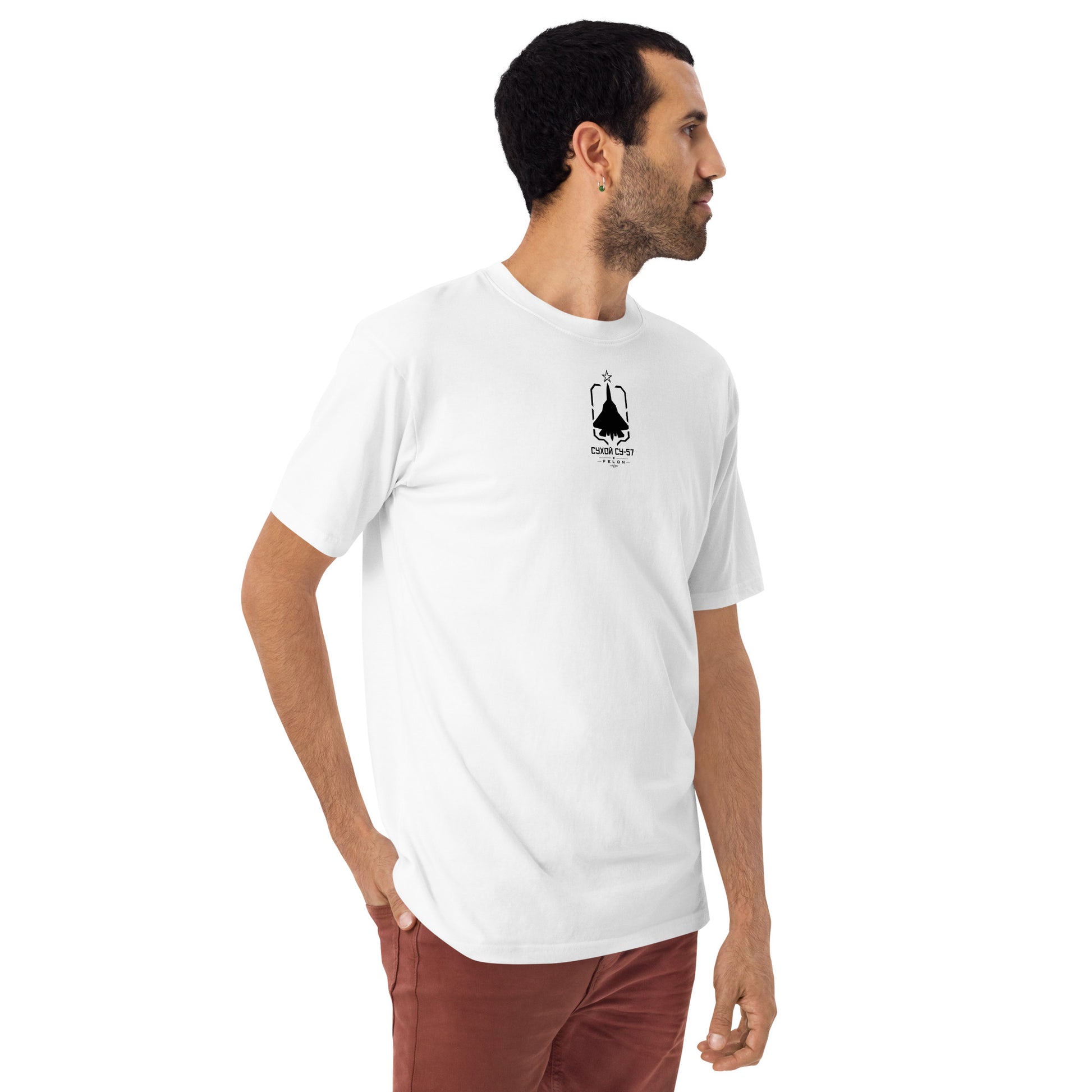 Hand-drawn front nose canopy study of the Sukhoi Su-57 Felon printed on a premium t-shirt.