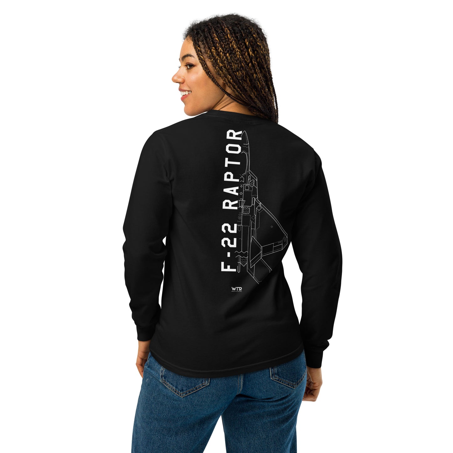 Hand-drawn technical schematic of the Lockheed Martin F-22 Raptor stealth fighter on a standard long-sleeve t-shirt.